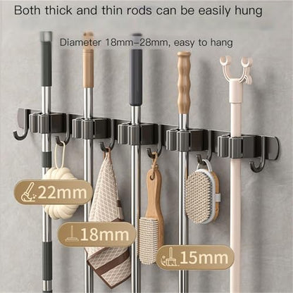 Broom Holder，Stainless Steel Mop Holder, No Drilling, Cleaning Supplies Organizer，Versatile Mop Hook, Wall Mounted Bathroom Broom Storage Clip,Laundry Room Organization，Home Improvement.(Black,5 clips