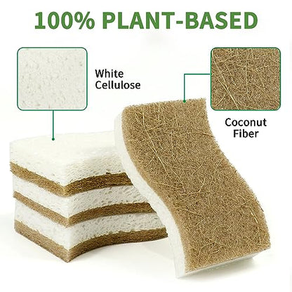9 Pack Biodegradable Natural Kitchen Sponge - Compostable Cellulose and Coconut Walnut Scrubber Sponge - Eco Friendly Sustainable Sponges for Dishes