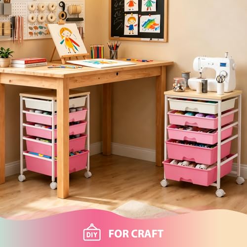 Goovilla Rolling Cart with Drawers, Utility Cart Organizer With 5 Removable Drawers and Wooden Tabletop, Lockable Rolling Storage Organizer for Art, Classroom, Home, Dorm, Office, Craft Storage, Pink - size: Pink
