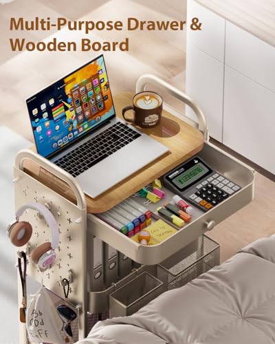 ALVOROG Rolling Cart with Drawer and Wood Table Top, 3 Tier Metal Rolling Utility Cart on Wheels with DIY Pegboards, Hanging Baskets, Hooks for Kitchen, Bedroom, Office, Craft Supplies - color: Beige