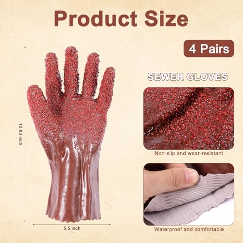 XIHIRCD 4 Pairs Sewer Gloves, Anti-Slip PVC Plumbing Gloves Abrasion Resistant Snake Gloves Waterproof Drain Cleaning Gloves for Women Men Plumber Accessories (Brown)