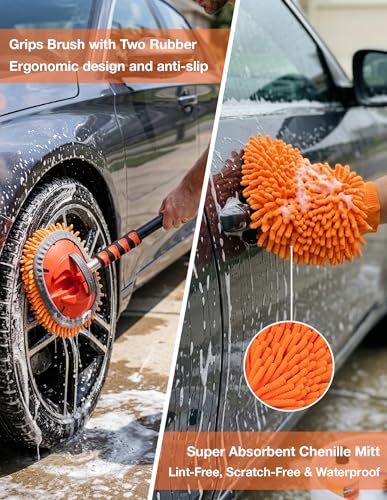 Car Washing Kits with 12 FT Telescoping Pole, Cleaning Chenille Mop, Soft Bristles Wash Brush, Window Squeegee, Waterproof Glove, Wheel Brush Extension Wash Detailing for RV, Truck, Boat, House Siding