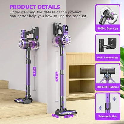 Cordless Vacuum Cleaner, 6 in 1 Lightweight Stick Vacuum with Rechargeable Battery, Handheld Conversion, LED Headlights & 180° Swivel Brush, for Hardwood Floor Carpet Pet Hair Stairs Car(Light Purple)