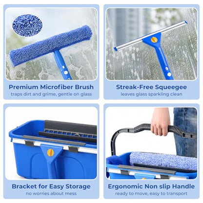 UFORU Professional Window Cleaning Kit with Bucket, 3 Gallon Set with 14" Window Squeegee, 15" Microfiber Scrubber and 76" Long Handle for High Window, Home, Outdoor, Commercial and Car Glass Cleaning
