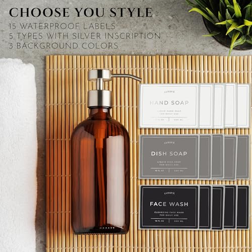 Glass Soap Dispenser Set of 2 (Amber) with Silicone Tray | Hand and Dish Soap Dispenser for Kitchen and Bathroom | 16.8 Oz Glass Bottles with Stainless Steel Pump & 15 Waterproof Labels (Amber/Silver) - color: Amber/Silver