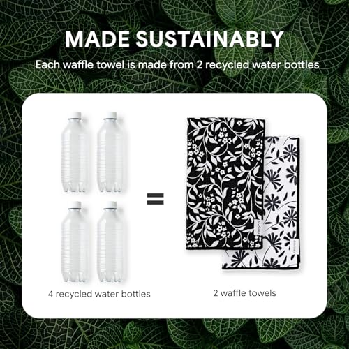 RECYCO Waffle Kitchen Towel Set of 2 - Quick Dry Microfiber Sustainable Dish Towels - Ultra Absorbent Reusable Cleaning Tea Towels - Lightweight Hand Towels,16”x 28”, Black & White Florals - color: Black & White Florals