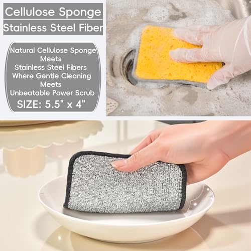 METUUTER 12 Packs Kitchen Sponges Stitching with Stainless Steel Fibers - 5.5x4 in Soft Cleaning Sponge for Non-Stick Pans, Dishes & Tough Grease Odor-Resistant, Durable Dish Sponges - color: Yellow