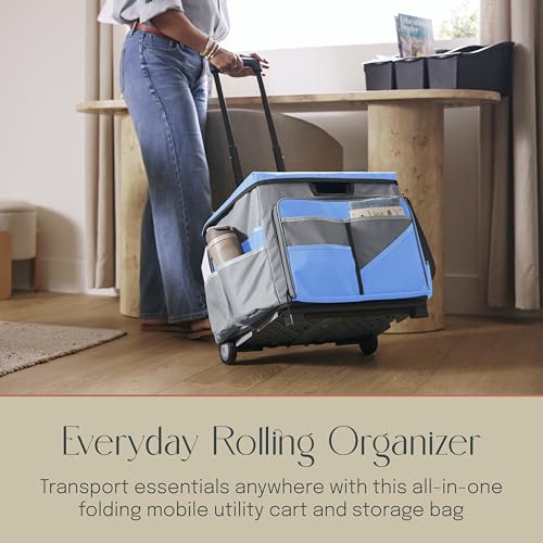 Mobile Folding Utility Cart with Canvas Storage Organizer Bag, Rolling Cart, Blue/Grey - color: Blue/Grey