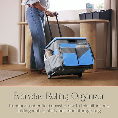 Mobile Folding Utility Cart with Canvas Storage Organizer Bag, Rolling Cart, Blue/Grey - color: Blue/Grey
