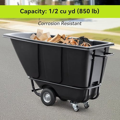 Tilt Dump Truck 850 lbs Capacity, 1/2 Cu.Yd Heavy Duty Trash Cart with Wheels, Forklift-Able Frame, Plastic Utility Dump Cart for Construction, Warehouse & Industrial Use - size: 1PC
