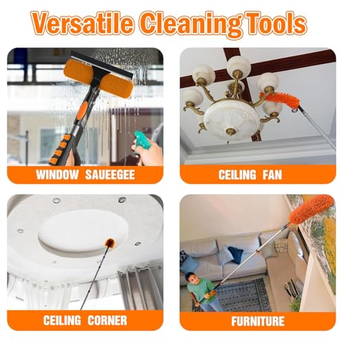 LAANPOLE 26FT High Reach Duster Cleaning Kit with Extension Pole, High Ceiling Fan Cleaner Duster Tool for Fan Blades, Window Washing Kit with Microfiber Feather Duster & Window Squeegee - size: 20FT
