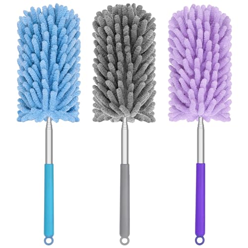 Mini Duster for Cleaning, 360° Bendable Hand Dusters with Extension Pole, Washable Small Duster for Car Interior, Office, Furniture - color: 3 Pack Blue Grey Purple