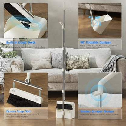 Magnetic Broom and Dustpan Set with Silicone Broom Squeegee, 55'' Broom with Dustpan Combo Set Self-Cleaning Teeth Design Upright Standing Dustpan Blue Microfiber Cloth for Indoor Floor Home Kitchen - color: Set With Blue Cloth