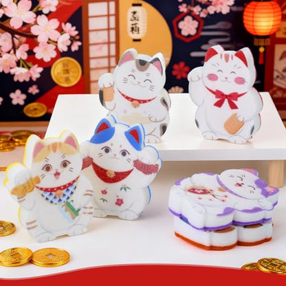 6 Pieces Cat Kitchen Sponges Lucky Cat Design Sponges Fun Non-Scratch Scrub for Washing Dishes Pots Pans and Household Cleaning Supplies for Kitchen Dishes Furniture Gifts - color: Cat