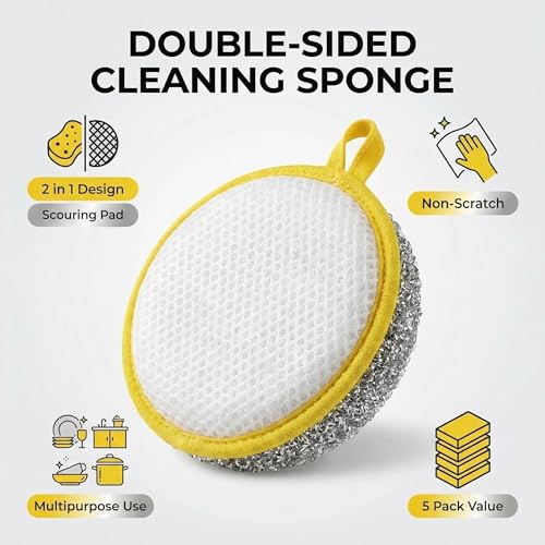 5 PCS Double Sided Wire Dishwashing Sponge Rags - Multipurpose Steel Wire Dish Cloth Scrubber - Non-Scratch Cleaning Cloths for Kitchen Dishes Pots Pans - Reusable Household Dish Wash Supplies