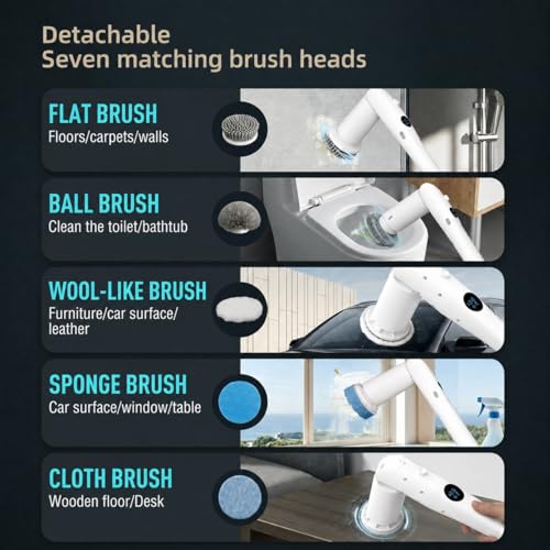 Electric Spin Scrubber, 45LBS High Torque Deep Cleaning Scrubber, Cordless Cleaning Brush with Adjustable Handle & 7 Replaceable Heads, Heavy-Duty Bathroom Scrubber for Bathroom Cleaning (White)