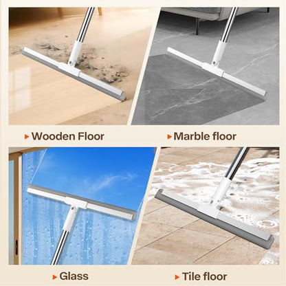Silicone Squeegee for Floor, 180° Rotating Squeegee Broom, Floor Squeegee with a Long Handle, Squeegee for Water and Pet Hair Removal on Bathroom Floors, Tile, Glass, Indoor Window Cleaning Tool - size: 16in | 4-Section Pole (62in) | No Pad