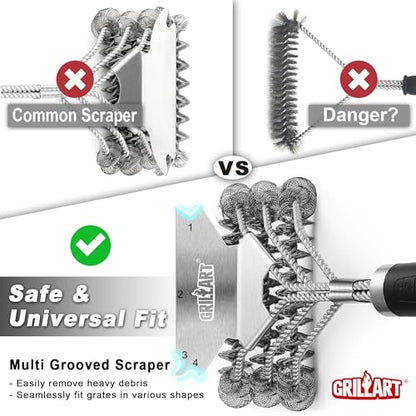 Grill Brush and Scraper Bristle Free – Safe BBQ Brush for Grill – 18'' Stainless Grill Grate Cleaner - Safe Grill Accessories for Porcelain/Weber Gas/Charcoal Grill – Gifts for Grill Wizard