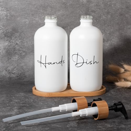 17 oz Hand Soap Dispenser Empty Glass Lotion Pump Bottles, Refillable Liquid Dish Soap Bottles for Bathroom, Kitchen Sink, White, 2 Pack - color: White, size: Hand + Dish