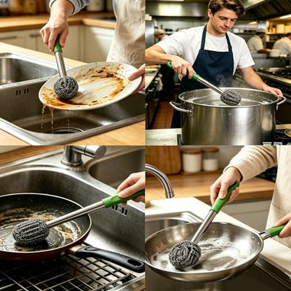 2PCS Steel Wool Scrubber with Handle Rustproof, Cast Iron Scrubber, Stubborn Messes Pot Brush, Remove Dirt for Cleaning Stoves,Sinks Dishes Grills Bowls & Metal Wire Sponge for Kitchens - color: Green