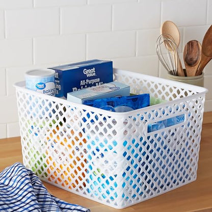 Large White Decorative Plastic Storage Basket - Heavy-Duty, Stackable, Dustproof with Handles for Living Room, Closet & Home Organization