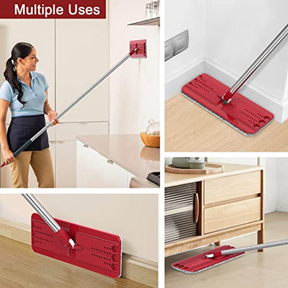 BOSHENG Hands-Free Mop and Bucket Set with 3 Washable Pads, Wet/Dry Floor Cleaning System, Red/Black - size: Mop and Buckets Set with 3 Pads Red