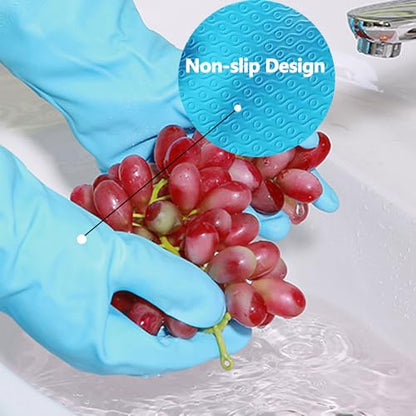 KINGFINGER Dishwashing Cleaning Gloves, 2 Pairs Reusable Rubber Gloves PVC Latex-Free Waterproof Long Cuff and Flock Lining Household Cleaning Glove(Blue + Purple) - color: Blue+purple