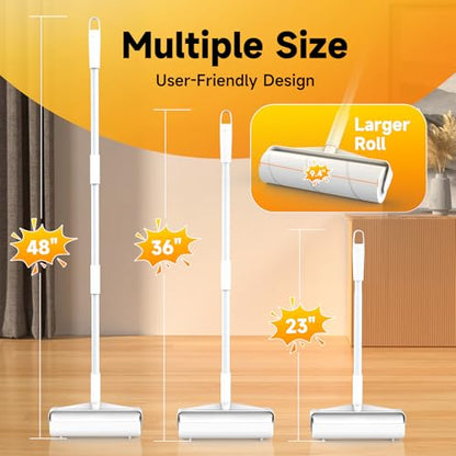 Large Floor Lint Roller with Extendable Long Handle, 9.45" Extra Wide Sticky Roller, 400 Sheets with 3 Refills, Heavy Duty Pet Hair Remover for Floor, Carpet, Couch & Hard-to-Reach Areas - size: 4 Pack Floor Roller