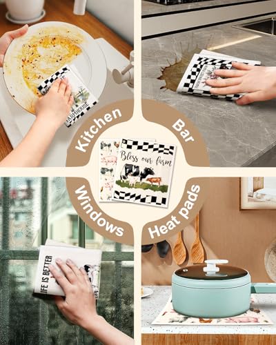 Miss Adola Swedish Dishcloths for Kitchen with Hooks - Reusable Dish Cloths for Washing Dishes Fast Drying Cute Fun 5 Pack Swedish Dish Towels Washable Cleaning Sponge, Black White Farm - color: Black White Farm