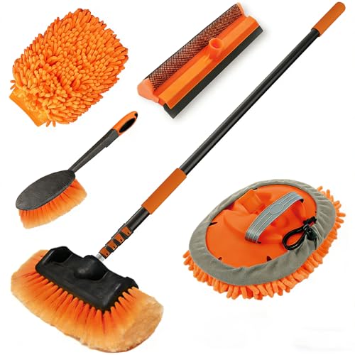 LAANPOLE 12FT Car Wash Brush with Long Handle, Car Cleaning Kit with Soft Bristle Wash Brush, Microfiber Cleaning Mop, Window Squeegee, Mitt, Wheel Brush for RV, Truck, Boat, House Siding - size: 12FT