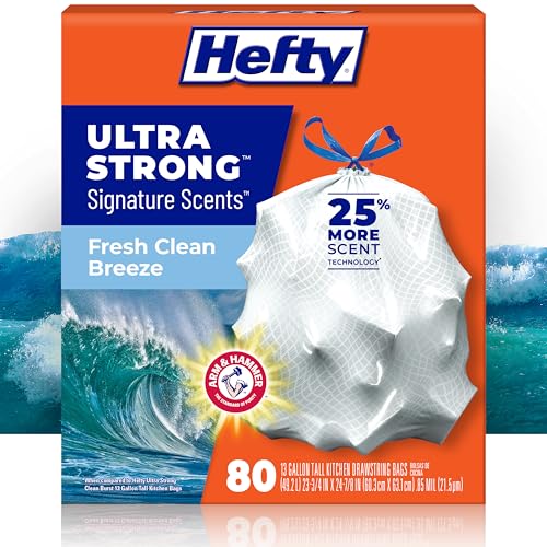 Hefty Ultra Strong Signature Scents 13 Gallon Trash Bags, Fresh Clean Breeze Scent, Tall Kitchen Trash Bags with 25% More Scent Technology, White, 80 Count - style: Fresh Clean Breeze-White
