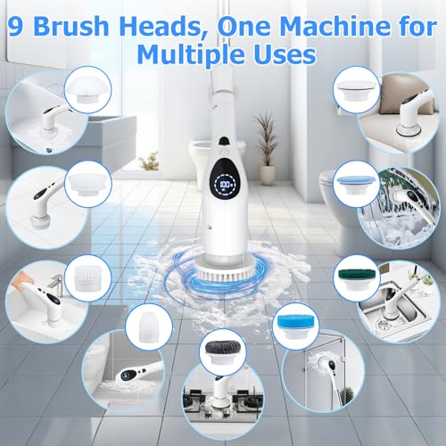 Electric Spin Scrubber, Cordless 3 Speeds Cleaning Brush 430 RPM, Adjustable/Detachable Long Handle, Shower Scrubber for Bathroom, Car, Floor, Shower Cleaning Brush with 9 Replaceable Brushes (White)