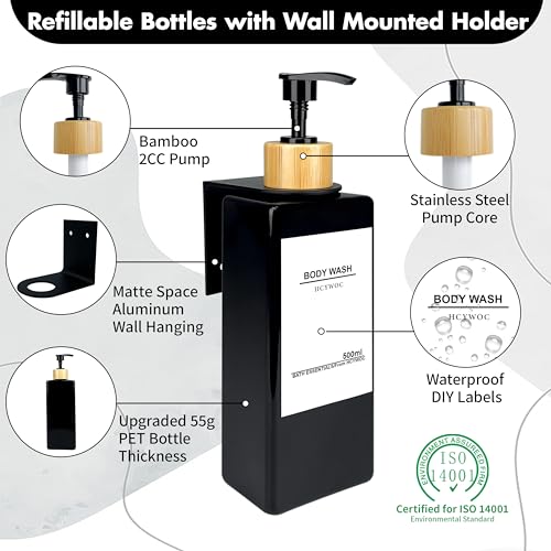 Shampoo Dispenser for Shower Wall, Shampoo and Conditioner Dispenser with 16 Waterproof Labels, No Drill Shower Soap Dispenser Bathroom, Shower Soap Dispenser Wall Mounted, 17oz, Bamboo(Black) - color: Black Bottle + Bamboo Pump