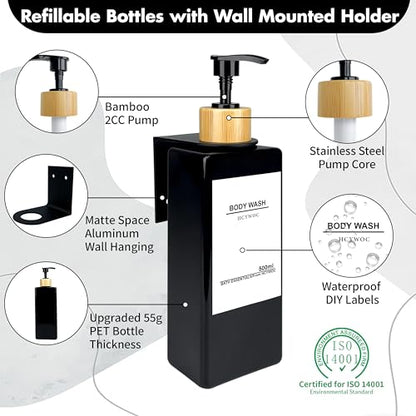 Shampoo Dispenser for Shower Wall, Shampoo and Conditioner Dispenser with 16 Waterproof Labels, No Drill Shower Soap Dispenser Bathroom, Shower Soap Dispenser Wall Mounted, 17oz, Bamboo(Black) - color: Black Bottle + Bamboo Pump