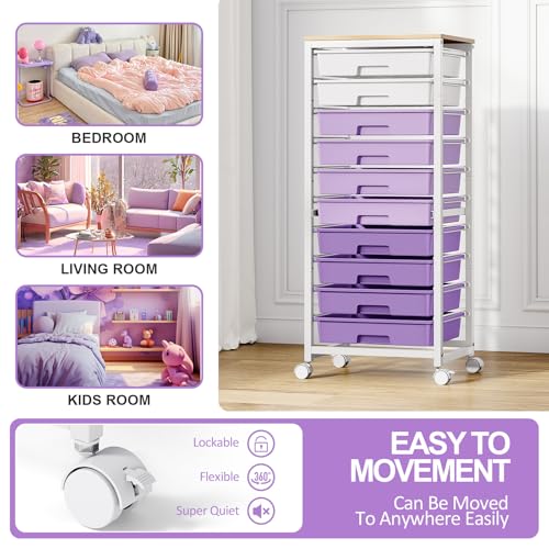 SYKIARIOL Rolling Cart with Drawers,10 Drawer Rolling Cart,Storage Cart with Wheels,Utility Cart with Drawers,Teacher Cart for Classroom Storage,Craft Cart with Wheels and Wooden Tabletop,Purple - color: purple