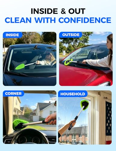 XINDELL Windshield Cleaner Tool – Car Interior Window Cleaning Kit with Extendable Handle & 4 Microfiber Pads, Auto Wiper Inside Windshield Brush for Car & Home Windows - size: 19in