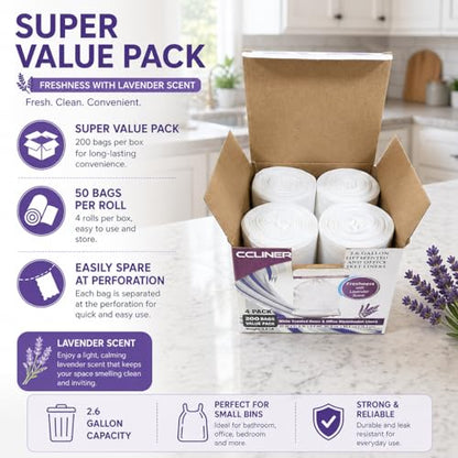 2.6 Gallon Lavender Scented Trash Bags (200 Count) White 2 Gallon Trash Bags Small Bathroom Wastebasket Bags Can Liners for Home Office Bins, 200 Bags - size: 1 Count (Pack of 200)