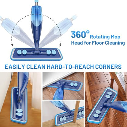 Microfiber Hardwood Floor Mop - Spray Mop with 4 Washable Pads | Wet Dry Use Mop, For Tile Wood Laminate Vinyl Marble Multi-Surface, 500+ ML Refillable Bottle, 360° Swivel Head, Dark Blue - color: Dark Blue