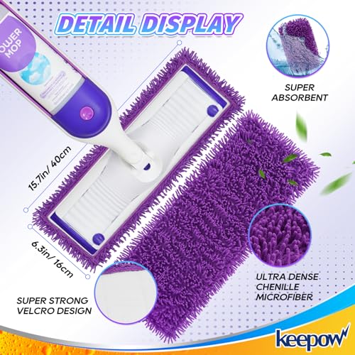 KEEPOW Reusable Microfiber Mop Pads Compatible with Swiffer PowerMop 4 Pack, Power Mop Pads Refills for 13 ''-15 '' Spray Mop, Machine Washable Pad Replacement for Multi-Surface Floor Cleaning - color: Purple 4 Pack