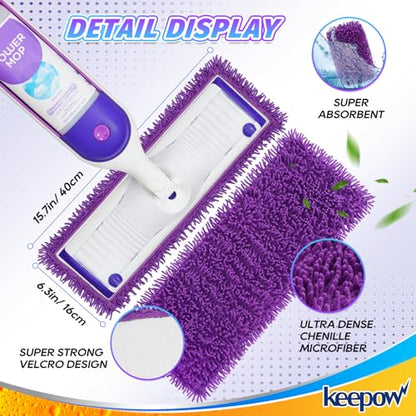 KEEPOW Reusable Microfiber Mop Pads Compatible with Swiffer PowerMop 4 Pack, Power Mop Pads Refills for 13 ''-15 '' Spray Mop, Machine Washable Pad Replacement for Multi-Surface Floor Cleaning - color: Purple 4 Pack