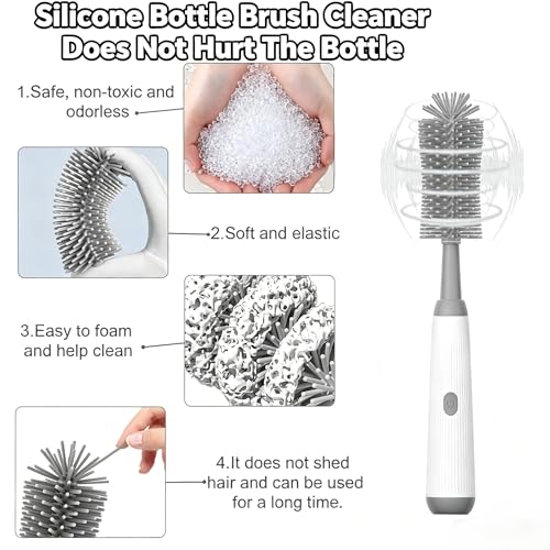 Electric Bottle Brush Set, 6-in-1 Electric Cleaning Brush with Waterproof Silicone Cleaner, 3 Replaceable Brush Heads, Straw Brush & Extension Rod, for Baby Feeding Supplies and Kitchen Utensils - color: Light Grey