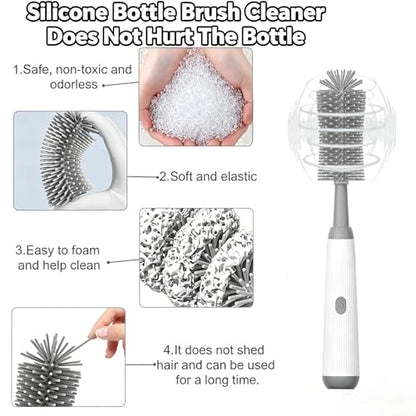 Electric Bottle Brush Set, 6-in-1 Electric Cleaning Brush with Waterproof Silicone Cleaner, 3 Replaceable Brush Heads, Straw Brush & Extension Rod, for Baby Feeding Supplies and Kitchen Utensils - color: Light Grey