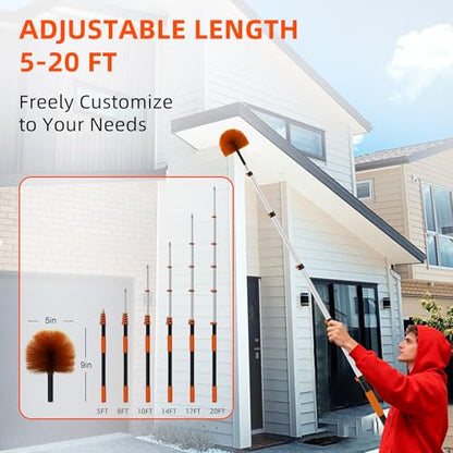 26 FT Reach Cobweb Duster with 5-20FT Telescoping Pole, Dual Action Flip-Lock & Screw Fixing Design, Washable Reusable Duster for High Ceilings, Fans & Home Cleaning - size: 5-20FT