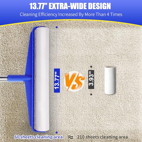 COBETE 13.77" Large Extra Sticky Lint Roller, 69.88" Long Handle Lint Remover with 6 Rollers for Clothes, Cat Dog Pet Hair, Furniture, Couch, Carpet, Floor，Painted Wall Cleaner Mop Dust Cleaning