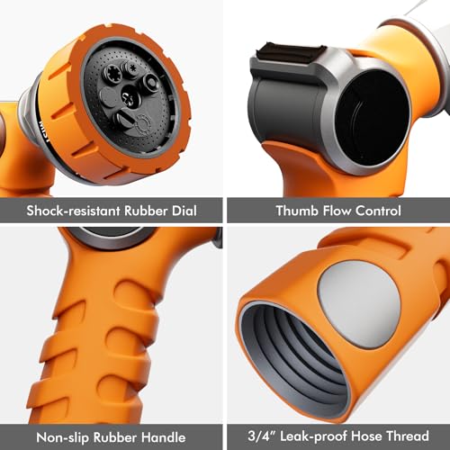 RESTMO Heavy Duty Hose Nozzle, Metal Garden Water Hose Sprayer with 7 Watering Patterns, Thumb Control, On Off Valve, High Pressure Nozzle Sprayer for Watering Plants, Car and Pet Washing, Orange - color: Orange