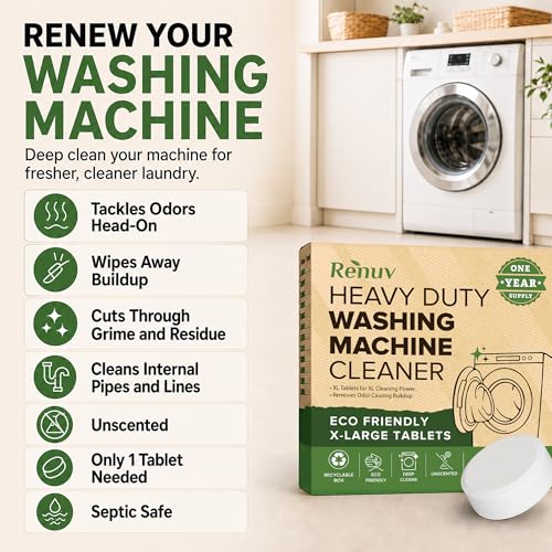 Renuv® Heavy Duty Washing Machine Cleaner & Descaler, 12 XL Tablets | Deep Cleaning Tablets Remove Residue, Grime Buildup, Front Load or Top Load Washer, HE and Septic Safe, 1 Year Supply - style: 12 XL Tablets (1 Year)