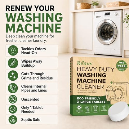 Renuv® Heavy Duty Washing Machine Cleaner & Descaler, 12 XL Tablets | Deep Cleaning Tablets Remove Residue, Grime Buildup, Front Load or Top Load Washer, HE and Septic Safe, 1 Year Supply - style: 12 XL Tablets (1 Year)