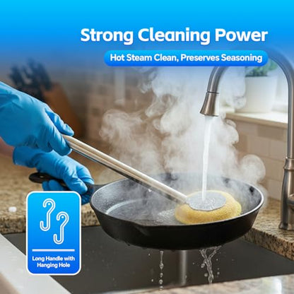 Kitchen Cleaning Brush with Handle, Non-Scratch Preserve Seasoning for Wok, Cast Iron Skillet, Pans, Oven Racks, Air Fryer, Jars - Stainless Steel Handle