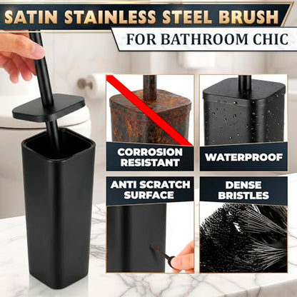 Black Toilet Brush with Square Stainless Steel Holder - Freestanding Toilet Brush and Holder Set Black - Removable Plastic Inner Cup, Splash Guard Cover, Replaceable Head, Corrosion Resistant Finish - color: Black Rounded Square
