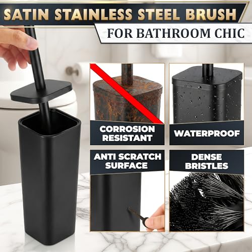 Black Toilet Brush with Square Stainless Steel Holder - Freestanding Toilet Brush and Holder Set Black - Removable Plastic Inner Cup, Splash Guard Cover, Replaceable Head, Corrosion Resistant Finish - color: Black Rounded Square